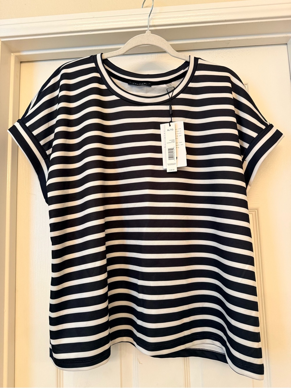 NWT T Tahari Striped Short Sleeve Cuff Top